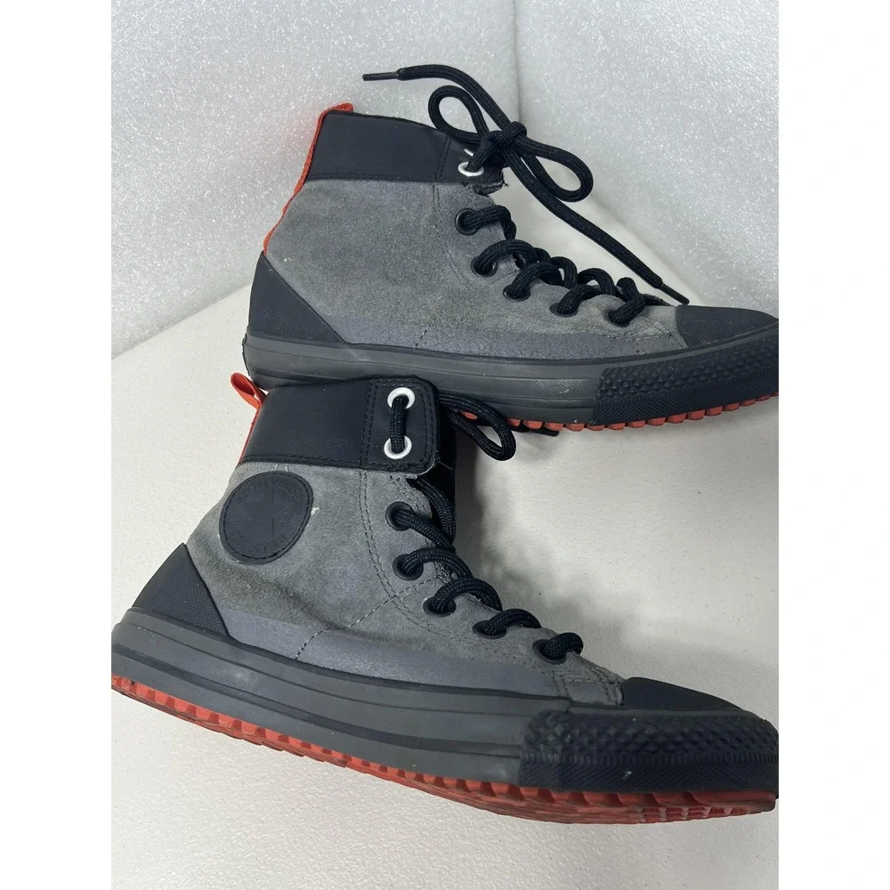 Converse All Star Shoes Kids Size 3 Gray‎ Black Leather High Top Lined Sneakers